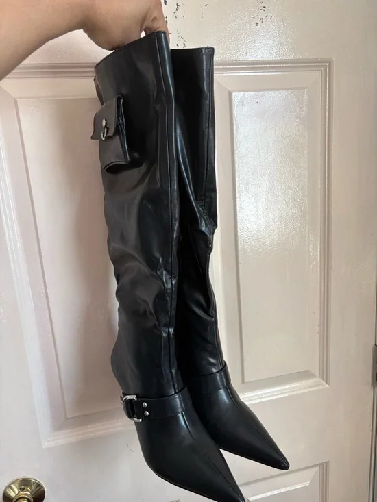 Black Over-the-Knee Pointed Stiletto Boots with Pocket Detail - Picture 2 of 5
